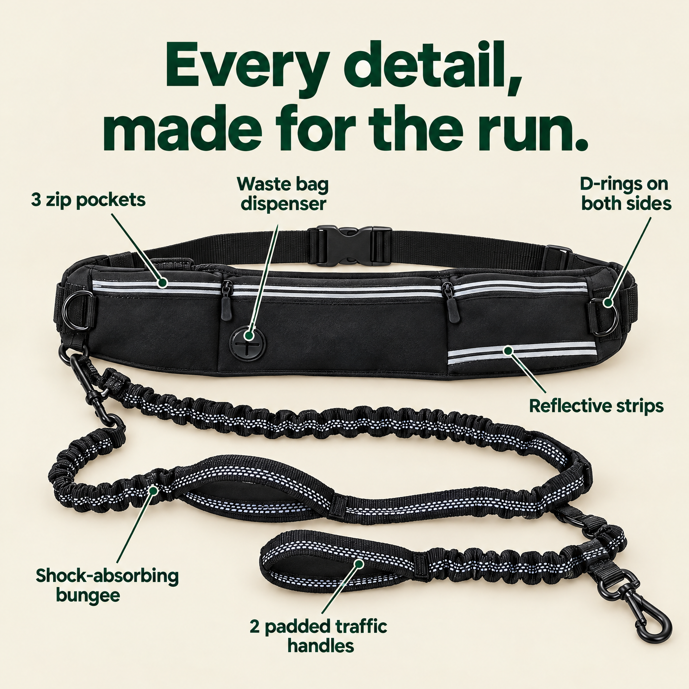 Every detail: 3 zip pockets, waste bag dispenser, D-rings, reflective strips, bungee, 2 traffic handles