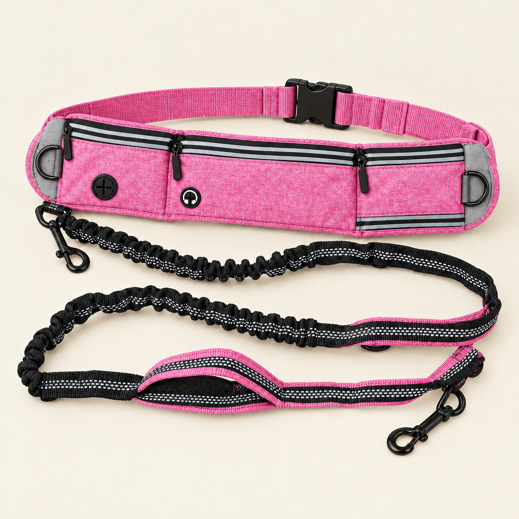 The Run Belt in Pink: waist belt with 3 zip pockets and shock-absorbing bungee lead