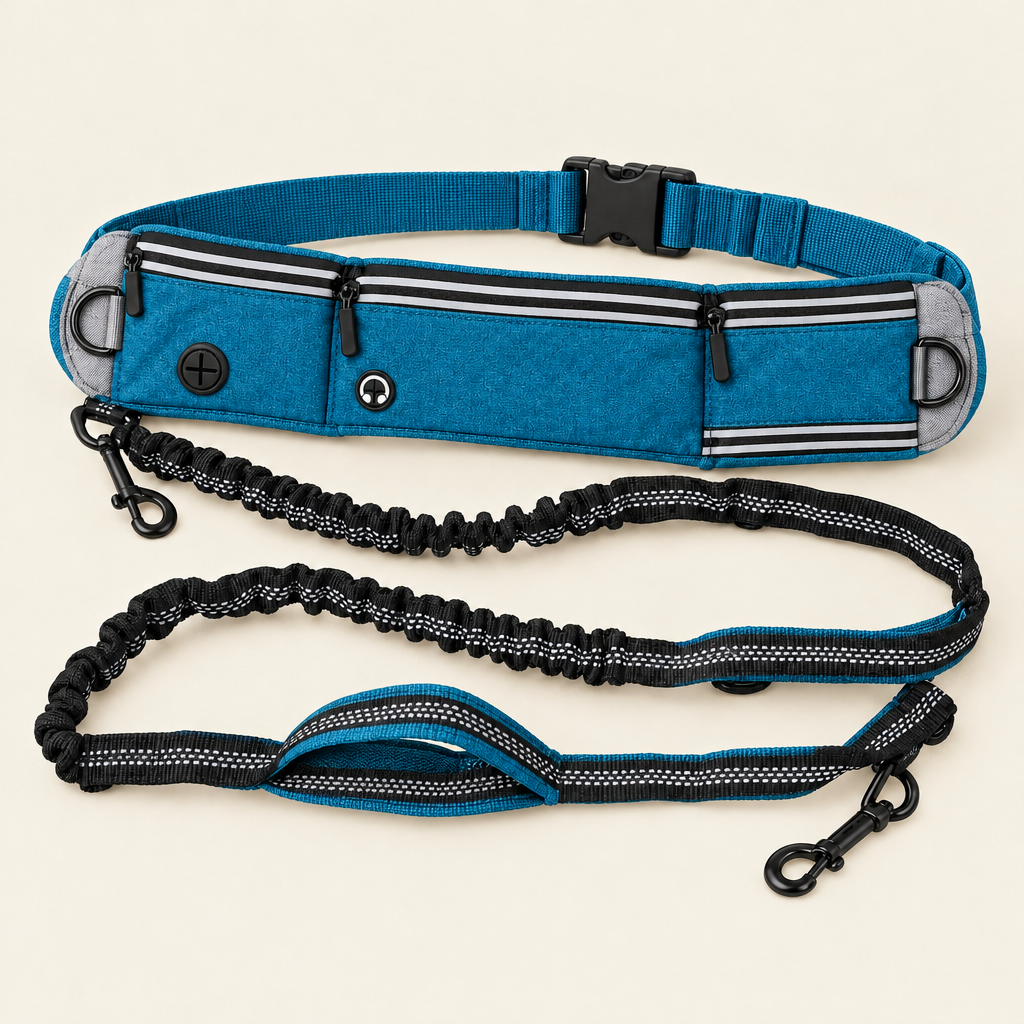The Run Belt in Blue: waist belt with 3 zip pockets and shock-absorbing bungee lead