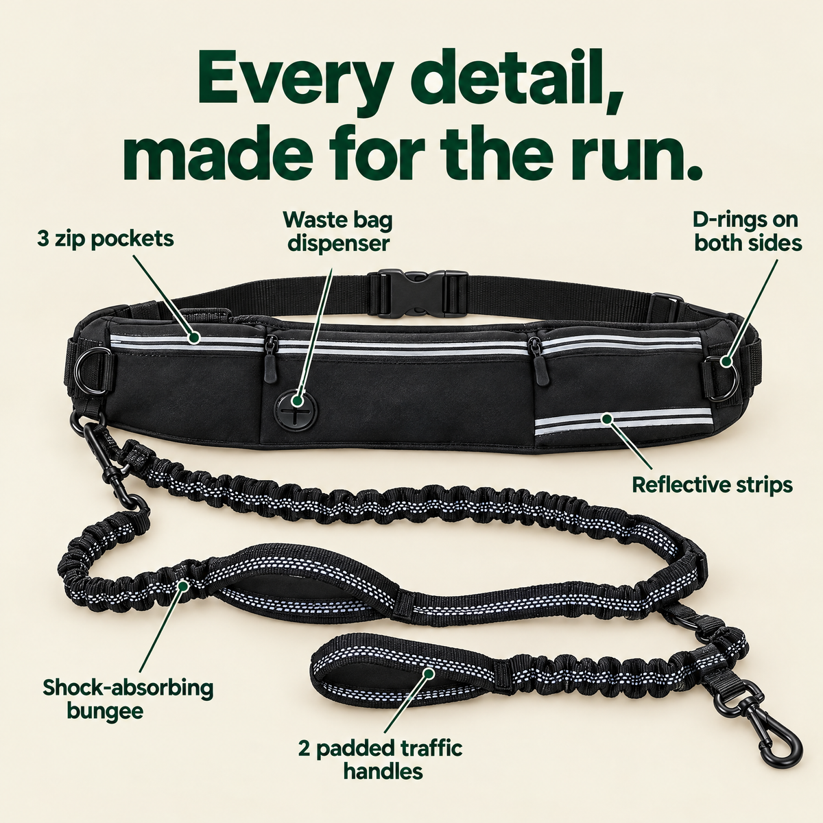 Every detail: 3 zip pockets, waste bag dispenser, D-rings, reflective strips, bungee, 2 traffic handles