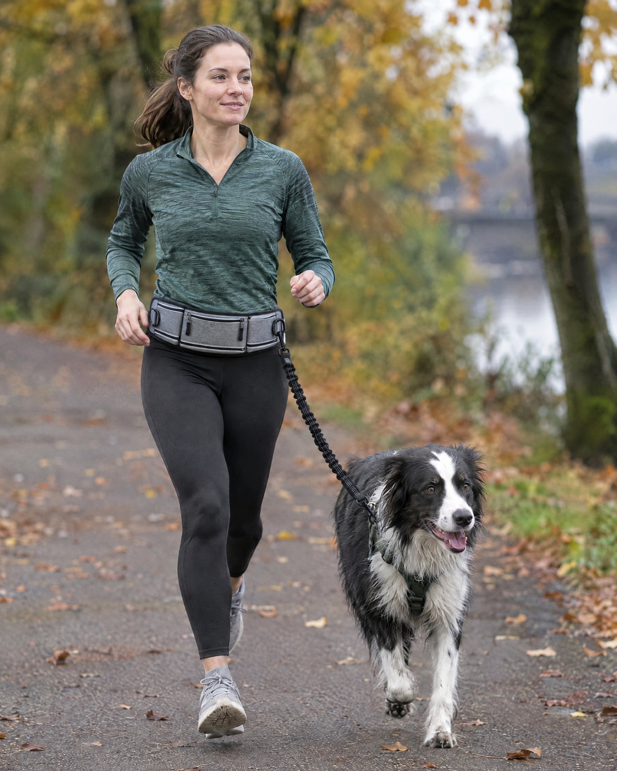 A woman jogging on a park path with her border collie beside her, both hands free