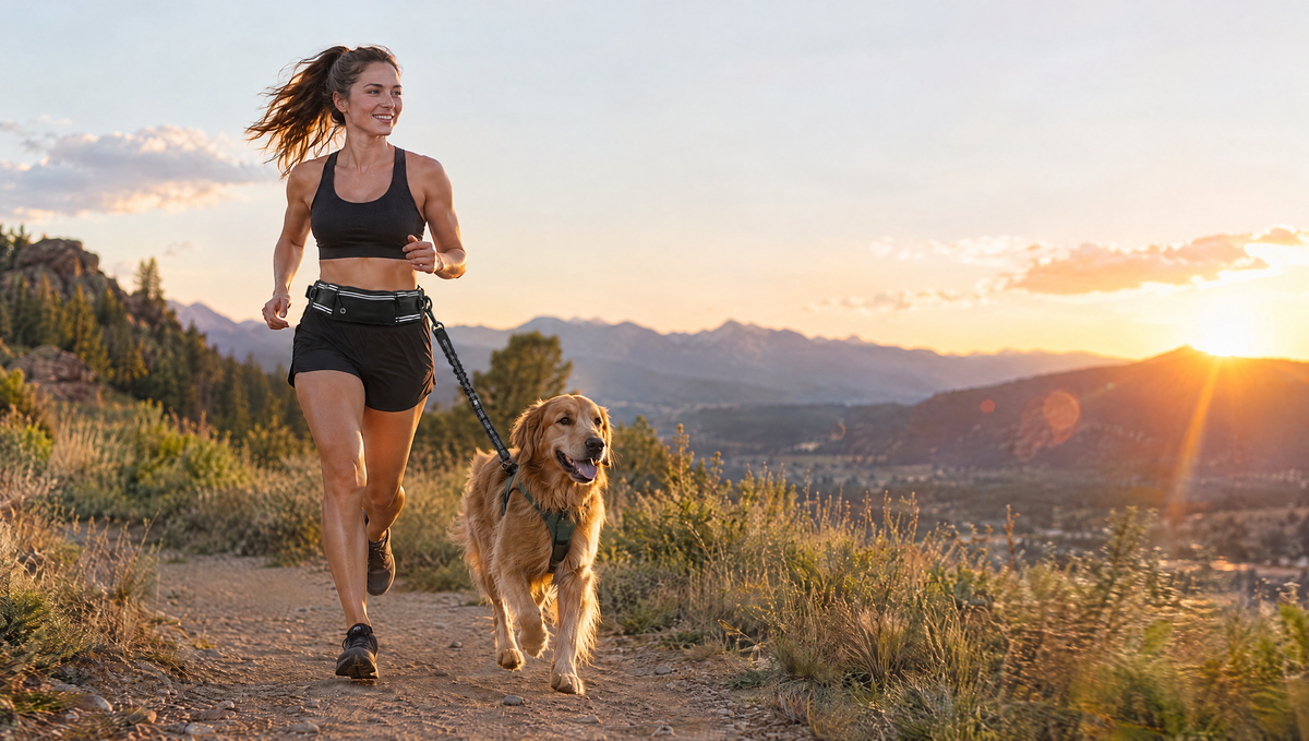 A woman running on a mountain trail at sunset with her golden retriever beside her, both hands free