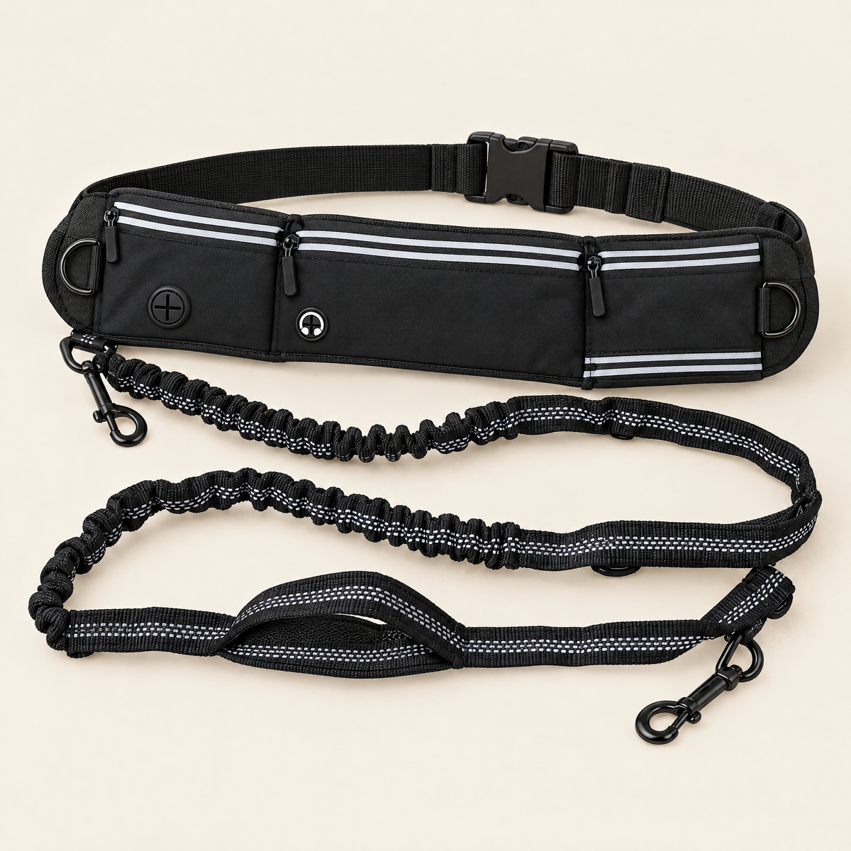 The Run Belt laid flat: black waist pack with zip pockets, reflective strips and bungee lead