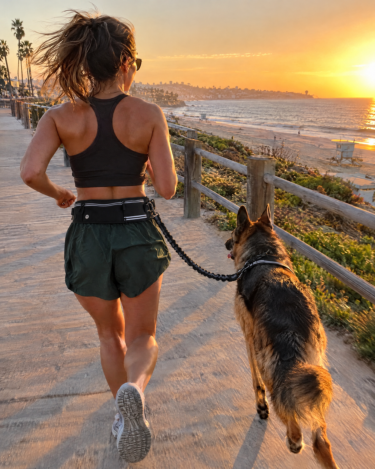 A runner and her German shepherd running side by side on a beach boardwalk at golden hour