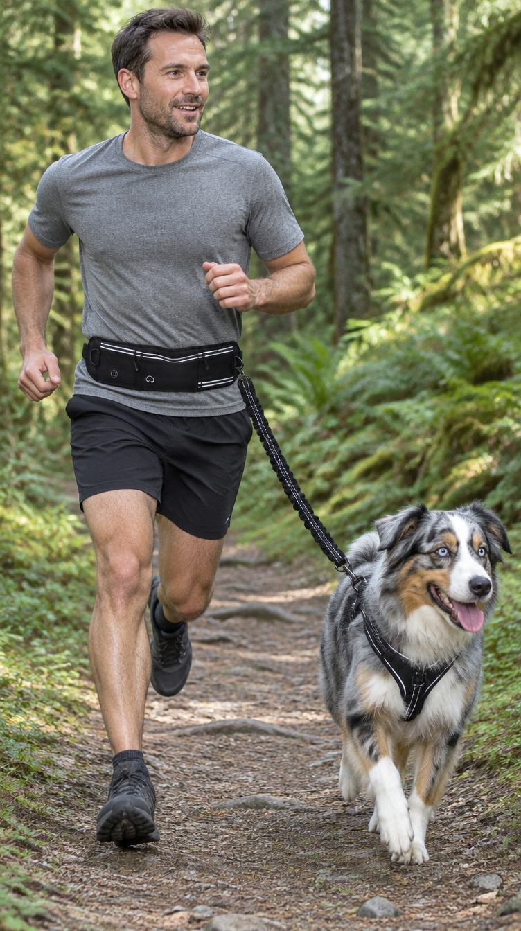 Trail run with an Australian shepherd clipped to the Run Belt