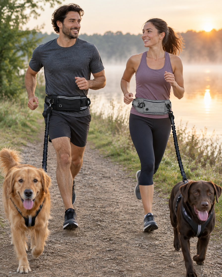 Two runners with Run Belts and their dogs on a lakeside trail at sunrise